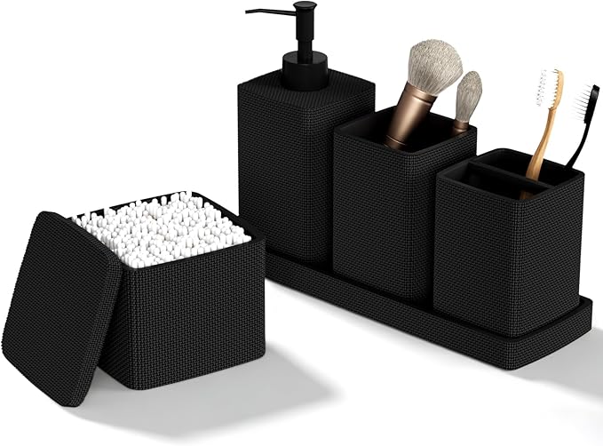 Matte Black Bathroom Accessories Set 5 Pieces, Resin Toothbrush Holders Set Complete with Soap Dispenser, Toothbrush Holder, Vanity Tray, Bathroom Tumbler and Qtip Holder for Small Spaces by LetUsMakeHomeYourFavoriteDestination