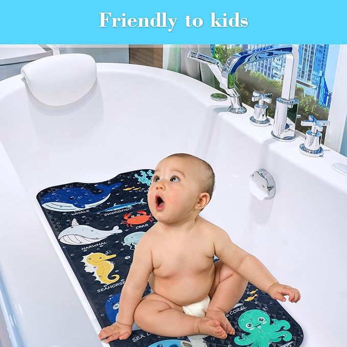 Bath Mat for Tub Non Slip, Machine Washable Anti-Slip Cartoon Baby Bathtub Shower Mat with Drain Holes and Suction Cups for Toddler & Kids, 40 Inch x 16 Inch, Navy Sea Animals - Image 2