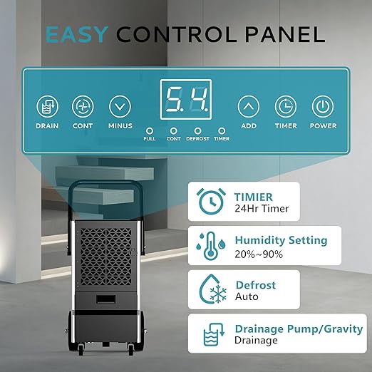 EUHOMY 160 Pints Commercial Dehumidifier with Pump,Large Dehumidifier for Basement With Drain Hose,Timer and 4 Wheels,Industrial Dehumidifiers for Flood Repair,Drying Basement,Warehouse and Factory - Image 3