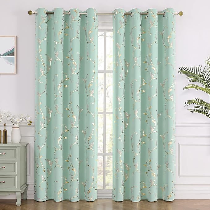 BUHUA Blackout Curtains 72 Inches Long, Gold Foil Print Pattern Room Darkening Curtain, Living Room Curtains & Drapes, Thermal Insulated Window Panel Set, 66 x 72 Inch, Aqua - Image 2