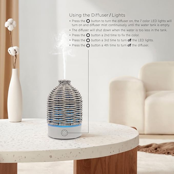 Essential Oil Diffuser - Multifunction Aromatherapy Diffuser 7 LED Color Changing Light 100ML Rattan Diffuser Easy to Clean Suitable for Home,Office (Grey) - Image 3