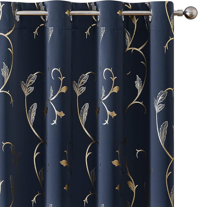 BUHUA Blackout Curtains Gold Foil Print Flower Vine Grommet Drapes, Room Darkening Thermal Insulated Curtains for Bedroom, Navy Blue, 52Wx96L, 2 Panels by BUHUA