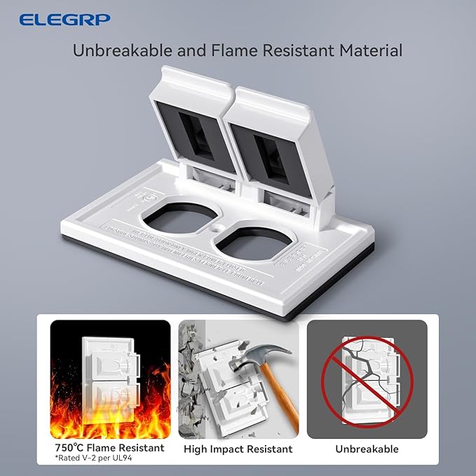 ELEGRP Horizontal Outdoor Cover for Duplex Receptacles, 2-Hole Weatherproof Wall Plate, Outdoor Electrical Outlet Cover, Standard Size 1-Gang 4.55” x 3.02”, Thermoplastic, 6 Pack, White - Image 2