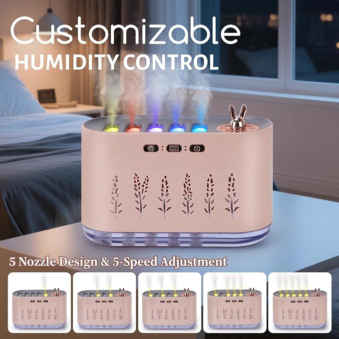5 Nozzle Music Sensing Cool Mist Humidifier,Humidifier Diffuser with 20 Color LED Light, 700ML Essential Oil Diffuse, Auto Shut Off, Aroma Diffuser for Bedroom Home Office Yoga (Pink) - Image 2