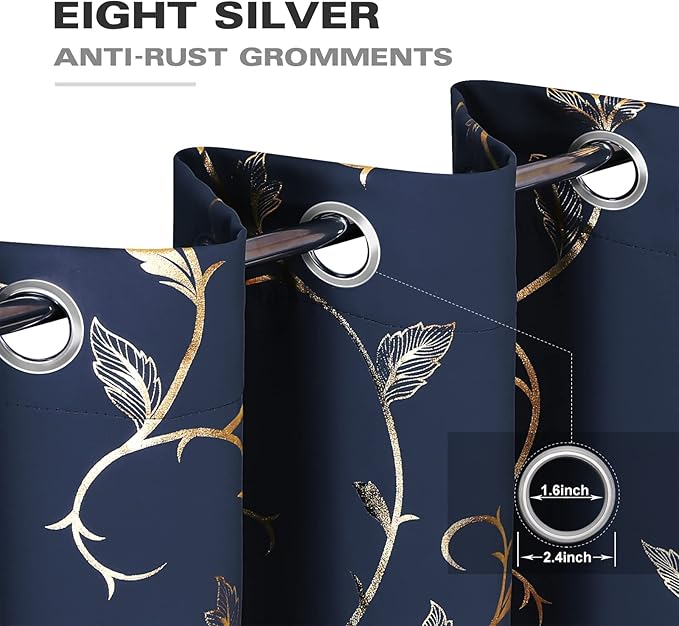 BUHUA Blackout Curtains Gold Foil Print Flower Vine Grommet Drapes, Room Darkening Thermal Insulated Curtains for Bedroom, Navy Blue, 52Wx45L, 2 Panels - Image 4