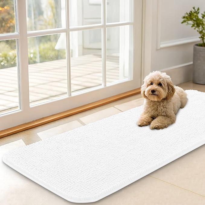 OLANLY Dog Door Mat for Muddy Paws 47x17, Absorbs Moisture and Dirt, Absorbent Non-Slip Washable Doormat, Quick Dry Chenille Mud Mat for Dogs, Entry Indoor Entryway Carpet for Inside Floor, White by OLANLY