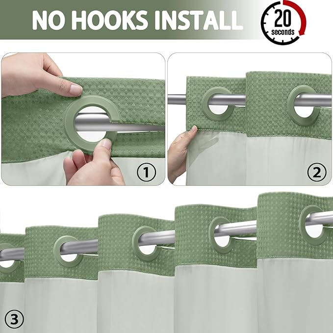 No Hook Shower Curtain and Liner Set,Hotel Waffle Shower Curtain with Liner 75" L x 72" W Green - Image 2