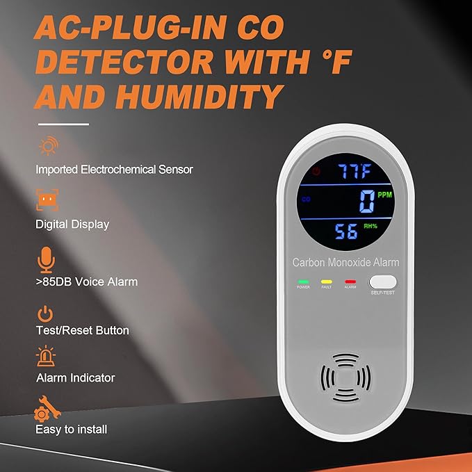 3 Packs Carbon Monoxide Detector Plug in, Carbon Monoxide Alarm,Real-time Digital Display 3-in-1 Level: PPM,°F & Humidity, CO Detector Monitor Alarm for Home,RV,Apartment - Image 4