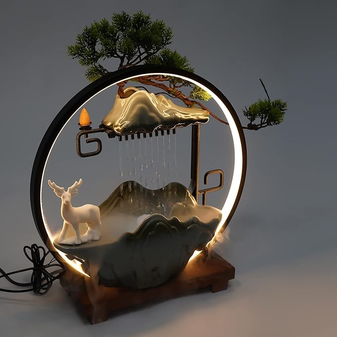 15In Water Fountains Indoor Tabletop Waterfall Humidifier with LED Light and Atomizer Mist, Japanese Zen Decor Meditation Fake Plants Bonsai Feng Shui Decor Festival Birthday surprise Good Luck Wealth by kunghei