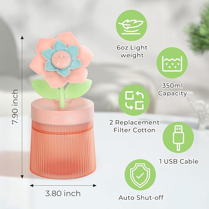 Cute Flower Mini Humidifier, Purple Gardenia Desktop Humidifiers for Bedroom, 260ml Portable Small Cool Mist Humidification, USB Powered, Auto Shut-Off, Perfect for Home, Office & Indoor Plants - Image 2