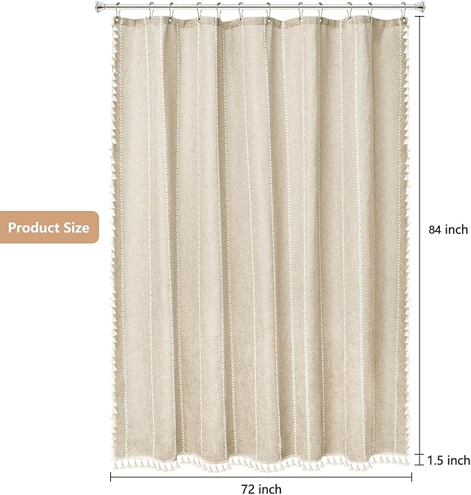 Boho Farmhouse Beige Linen Textured Shower Curtain, 72 x 84 Inch Extra Long Soft Fabric Shower Curtain Heavyweight with Tassels, Cream White Striped Bathroom Décor Curtain Water Repellent - Image 7