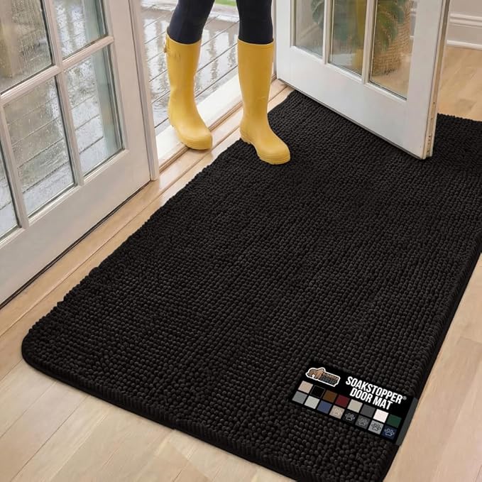 GORILLA GRIP SOAKSTOPPER Dog Door Mat, 60x36 Machine Washable Rug Absorbent Doormat Captures Moisture Mud Dirt, Quick Dry Soft Chenille Entryway Rugs Indoor Entrance Mats for Dog Paws, Black by GorillaGrip