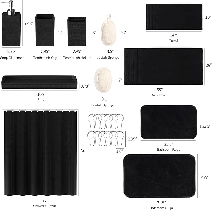 Black Bathroom Set,Black Bathroom Accessories Set with Shower Curtain and Rugs, Bath Towel Set, Natural Loofah Sponge, Soap Dispenser, Toothbrush Holder, Bathroom Tumbler and Tray for Bathroom - Image 8