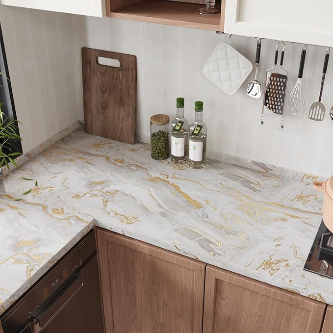 CRE8TIVE 24"x118" Wide Beige Gold Marble Contact Paper Matte Marble Wallpaper Peel and Stick Countertops Waterproof Self Adhesive Removable Renter Friendly Wallpaper for Kitchen Cabinets Table Tops - Image 3