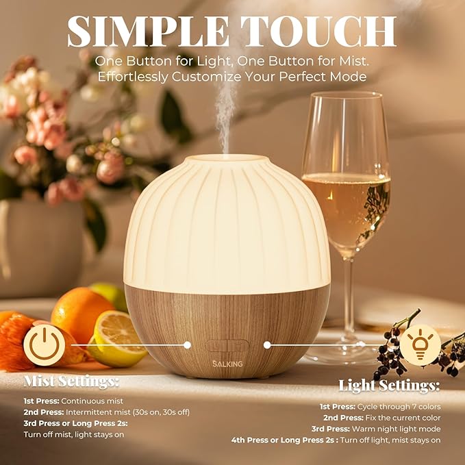 SALKING Essential Oil Diffuser, 300ml Aromatherapy Diffuser for Essential Oils, Ultrasonic Diffuser with Adjustable Mist Mode Timers, Cool Mist Humidifier with 8 Color Lights, for Office Home - Image 4