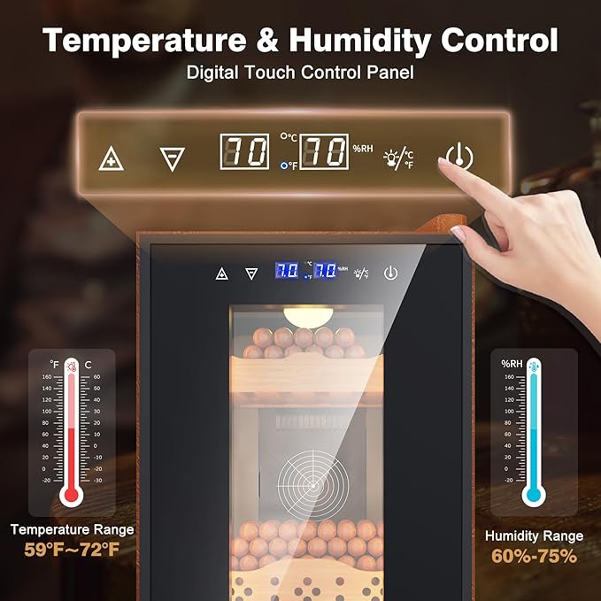 Electric Cooler Cabinet 25L with Temperature and Humidity Control, Leather Finish, Spanish Cedar Wood Shelves and Safety Lock (200 Counts Capacity), Gift for Men - Image 3