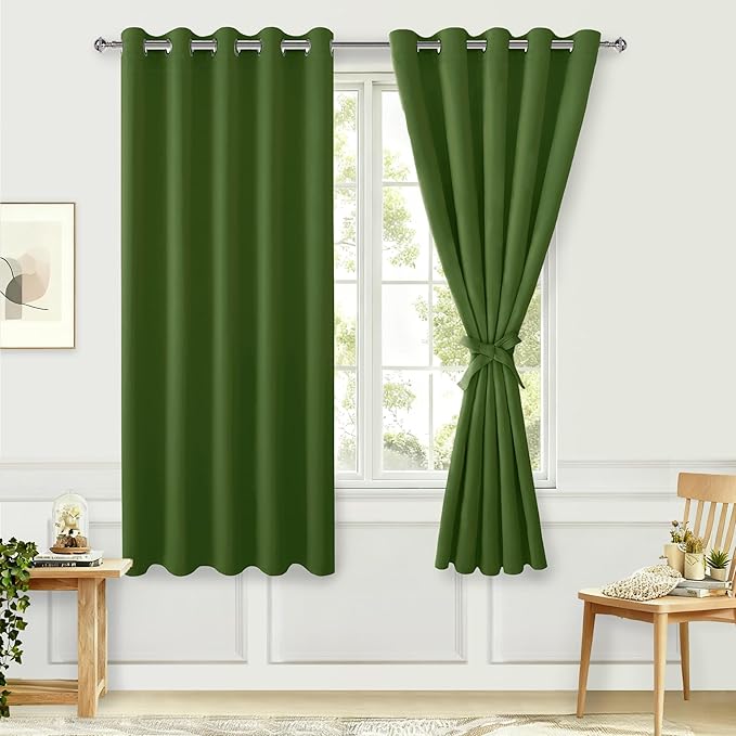 Hiasan Blackout Curtains for Bedroom, 60 x 63 Inches Length - Thermal Insulated & Energy Saving Window Curtains for Living Room, 2 Drape Panels Sewn with Tiebacks, Olive Green by Hiasan