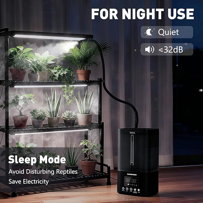 Coospider Reptile Fogger Terrariums Humidifier, Top Fill Cool Mist, Automatic Reptile Mister with Dual Hose, Timer, Humidity Control for Reptile Mister for Amphibians Herps Vivarium (5L/1.32GAL) - Image 2
