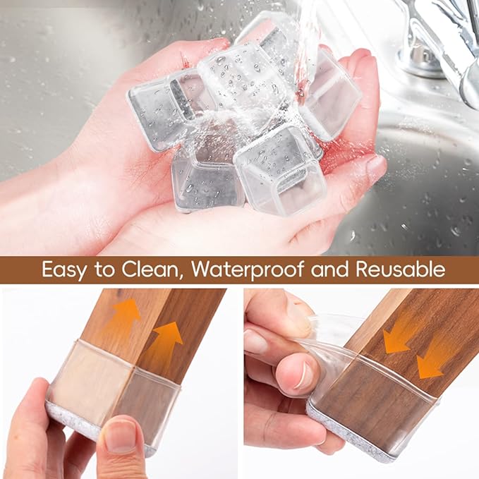 16Pcs Square Chair Leg Floor Protectors with Thickened Felt Pads Silicone Chair Leg Covers Caps to Protect Hardwood Tile Floors Furniture Feet Reduce Noise (Clear XS Fit 0.55"-0.75") - Image 7