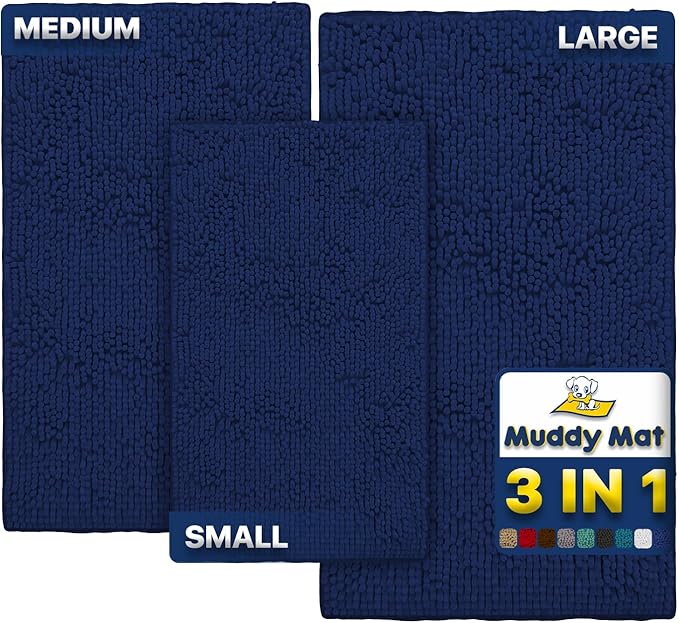 Muddy Mat® Pack of 3 Highly Absorbent Microfiber Dog Door Mat and Pet Rug, Non Slip Thick Washable Area Mat Soft Chenille for Kitchen Bathroom Bedroom and Outdoor - Navy Blue Small, Medium & Large by MuddyMat%C2%AE