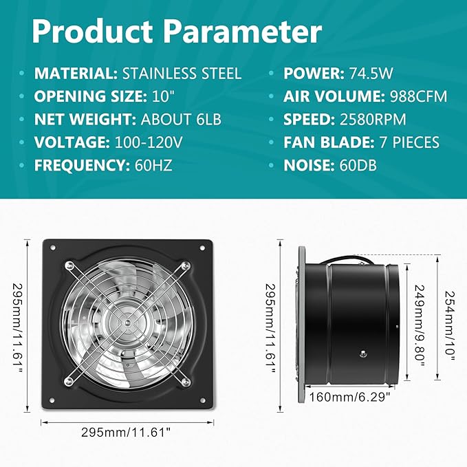 HG Power 10 Inch Metal Exhaust Fan with Switch, 988 CFM Powerful Garage Exhaust Fan with Damper, Potable Wall Mount Fan Fume Extractor Ventilation Fan for Shop, Shed, Basement, Chicken Coop, Black - Image 2