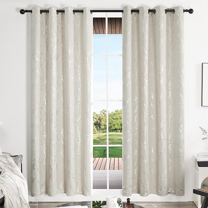 Deconovo Beige Blackout Curtains, Boho Farmhouse Curtain, Thermal Insulated Soundproof Drapes, Silver Branch Print, 52 x 84 Inch Long, Machine Washable Window Panels for Living Room Bedroom, Set of 2 - Image 2