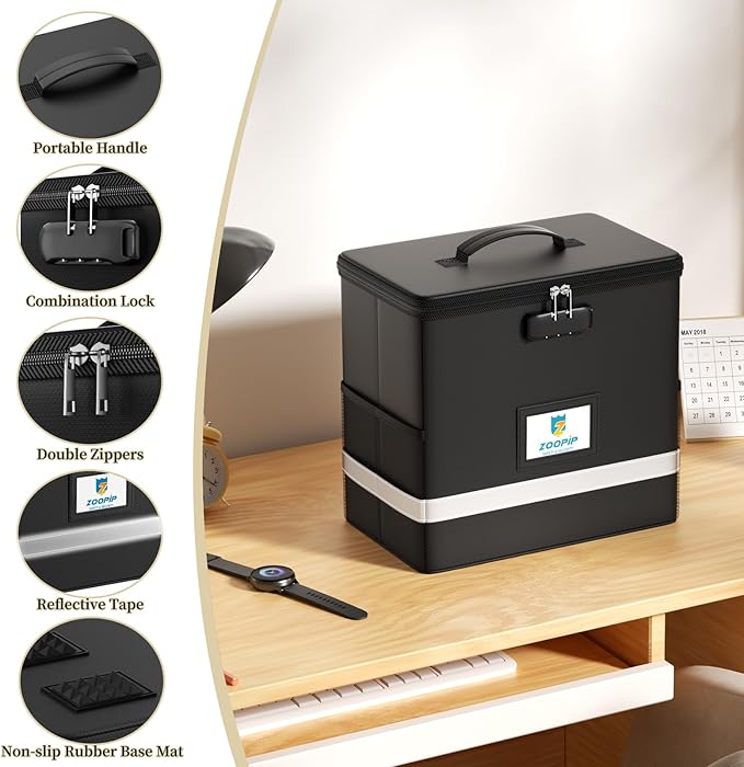 Fireproof File Box with Lock, Document Box Storage Organizer, Suitable for Hanging File Folders in Letter Size, Collapsible File Box, Reflective Strip for Fast Find (12.2"*6"*10.2, Black) - Image 6