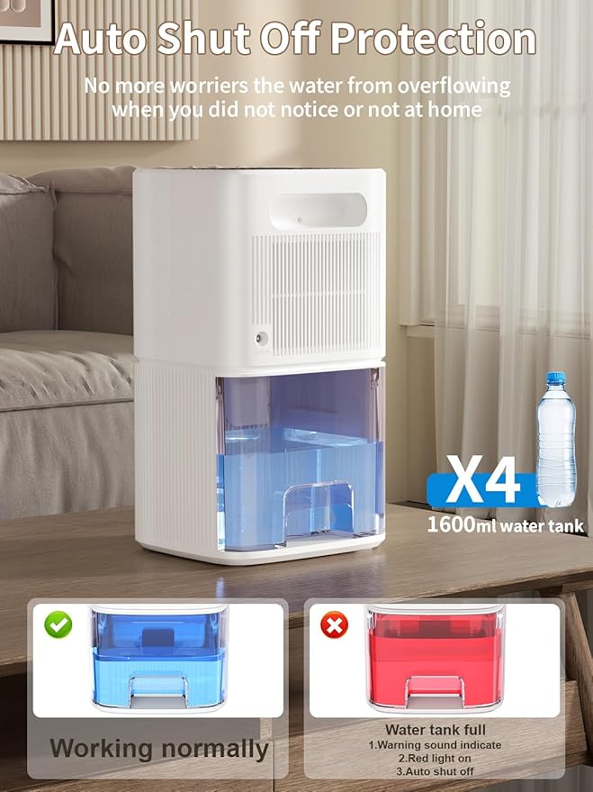 Dehumidifier, Dehumidifier for Home, 60 OZ Water Tank, 500 sq.ft Dehumidifiers for Bathroom, Bedroom, Basement with Auto Shut Off, Timer, 7 Colors LED Light (off white) - Image 4