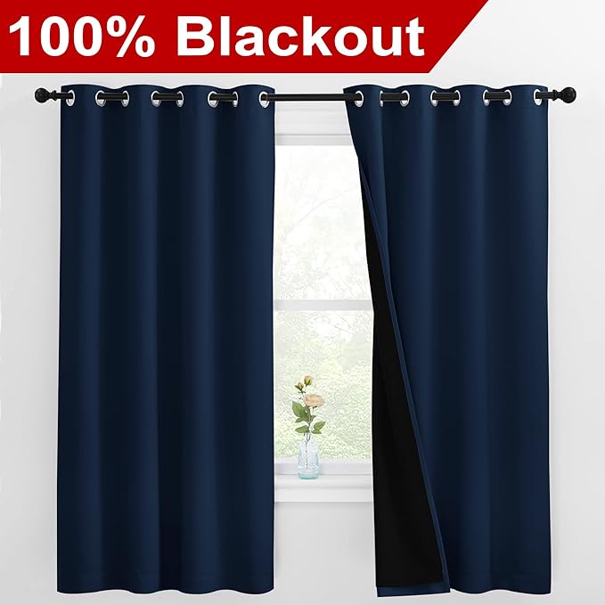 NICETOWN 100% Blackout Curtain Panels, Thermal Insulated Black Liner Curtains for Nursery Room, Noise Reducing and Cold Blocking Drapes for Windows (Navy Blue, Set of 2, 55-inch Wide by 68-inch Long) - Image 2