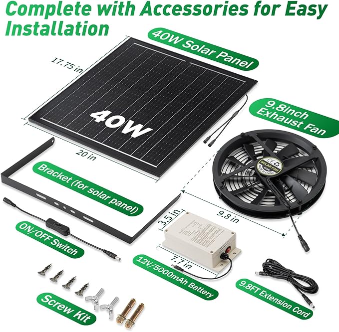 Solar Exhaust Fan with Battery, 40W 10" Solar Powered Fans for Greenhouse with 60Wh Battery Run Day & Night, Solar Vent Fan for Shed Chicken Coop Dog House Outside, Waterproof & Low Noise - Image 8