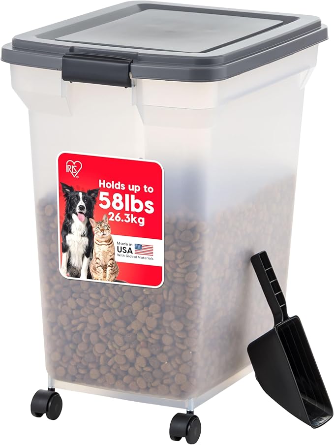 IRIS USA Dog Food Storage Container 58 lbs, Attachable Wheels, & Included Scoop, for Dog Cat Birds and other Pets, Food Storage Bin, Keep Fresh, Easy Mobility, BPA Free - Made in the USA, Dark Gray by IRISUSA
