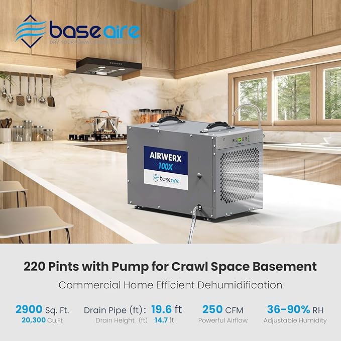 BaseAire 220 Pints Crawlspace Dehumidifiers with Pump and Drain Hose, Commercial Dehumidifier for Home,Garage and Basement, Large Capacity, Compact, Auto Defrost, Intelligent Control, Up to 2900 Sq Ft - Image 3