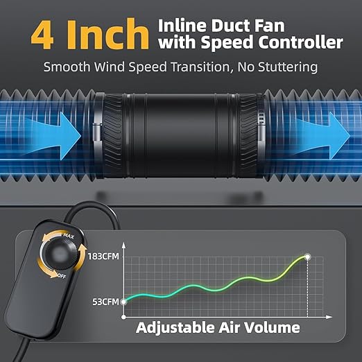4 Inch Inline Duct Fan with Speed Controller, Upgraded Inline Fans High-Efficiency Exhaust Duct Fan, Low Noise HVAC Ventilation in Basement Bathroom Workshop Attic Grow Tent - Image 5