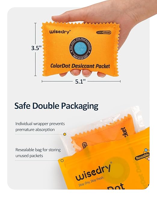 wisedry 100g [5 Packs] Reusable Desiccant Packs for Storage, Rechargeable Color Indicating Silica Gel Desiccant Packets, Moisture Absorbers for Storage Bins, Suitcase, Safe, 3D Filaments, Electronics - Image 6