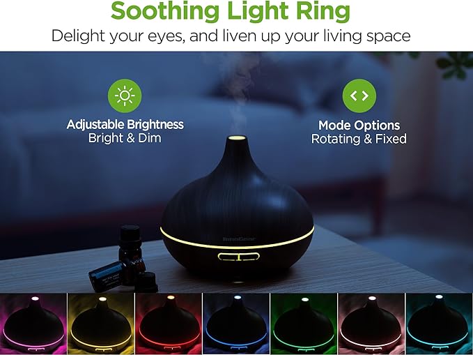 InnoGear Aromatherapy Diffuser & 10 Essential Oils Set, 400ml Diffuser Ultrasonic Diffuser Cool Mist Humidifier with 4 Timers 7 Colors Light Waterless Auto Off for Valentine's Gift, Dark Wood Grain - Image 3