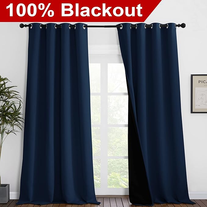 NICETOWN 100% Blackout Curtains 102 inches Long, Noise Reduction Window Treatment Curtains, Thermal Insulated Energy Smart Drapes and Draperies for Apartment Decor, Navy Blue, Set of 2, 55 inches W - Image 2