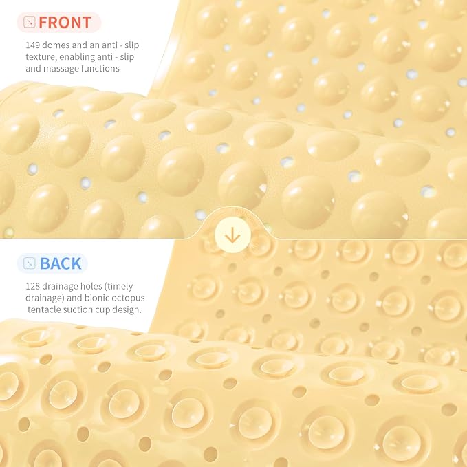 Anti-Slip Bathtub Shower mat, 27.5×14.5（Approximately 70×37cm） inch Soft Oversized Machine Washable Non-Slip Bathtub mat with Drainage Holes, Bathroom Floor Suction Cup.（1-Opaque Light Yellow） - Image 2