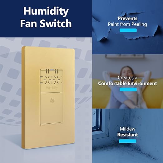 LIDER No Neutral Wire Required Humidity Sensor Switch, Automatic Humidity Detection, Air Circulator, Bathroom Fan Automated Control, Adjustable Timing, 1-Pole, Gold, Screwless Wall Plate Included - Image 7