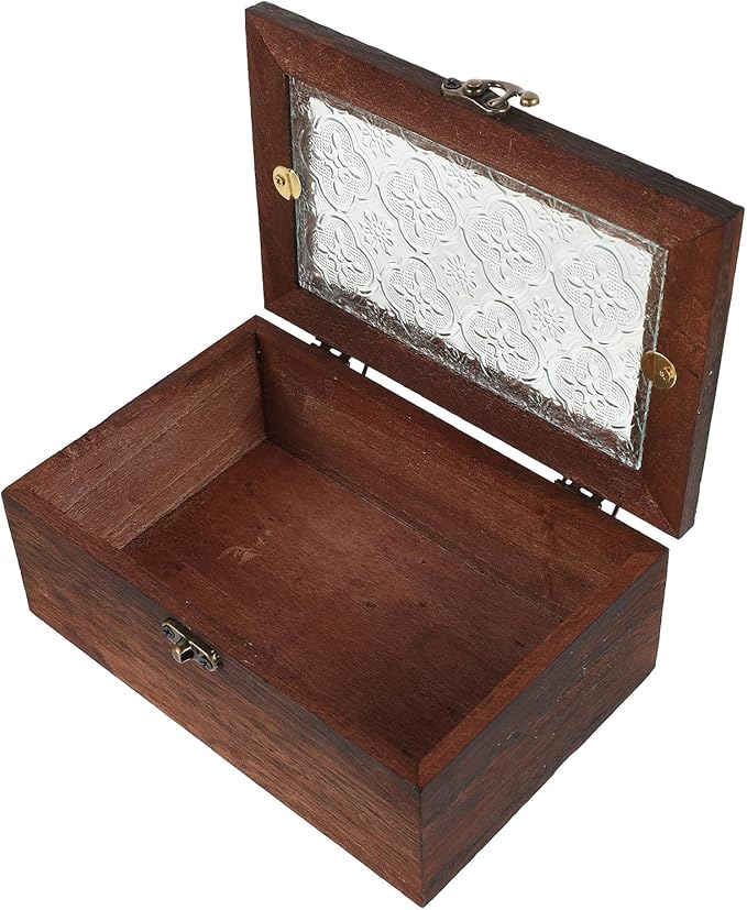 Glass Top Jewelry Organizer with Natural Wood Trinket Case, Small Dustproof Keepsake Box for European Accessories and Makeup Storage by PLAFOPE