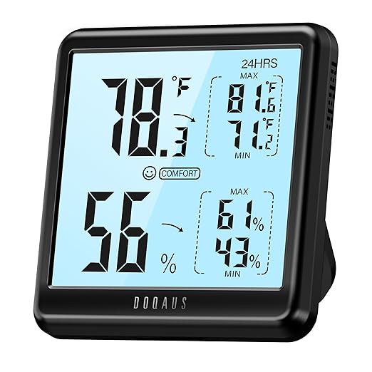DOQAUS Room Thermometer Hygrometer, Digital Indoor Thermometer with Backlight, Large Screen Temperature Monitor Humidity Meter for Home, Bedroom, Baby Room, Office, Greenhouse (Black) by DOQAUS