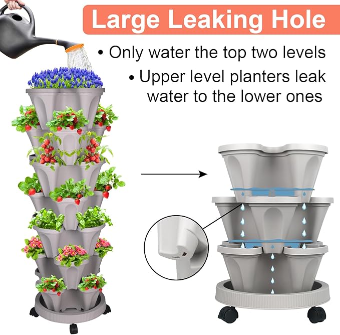 GameXcel Vertical Planter 7 Tier Stackable Planters Garden Planters Strawberry Herb Flower and Vegetable Planter Indoor Outdoor Gardening Pots with Removable Wheels and Tools - Image 3