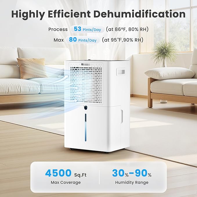 Candy 4500 Sq.Ft Dehumidifier for Basement,80 Pints Dehumidifiers for Home,Continuous/Sleep/Auto Mode,1.35 Gal Water Tank with Drain Hose,Portable & Wifi for Large Room,Bedroom,Bathroom,Garage,Laundry - Image 2