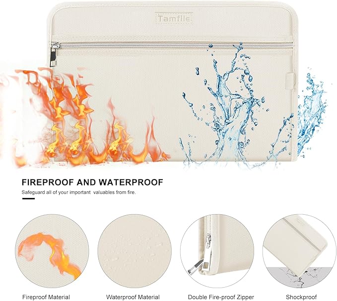 Fireproof Safe Waterproof Accordion File Bag Folder Expanding Filing Folder with 14 Multicolored Pockets, A4 Letter Size, Document Organizer Holder and Color Labels /2 Zipper (Beige 14.3" x 9.8") - Image 2