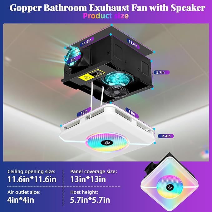 Bathroom Exhaust Fan with Speaker & Light Plug & Play, Dual Speakers, 230 CFM 1.0 Sone, 7 RGB Modes, 3000-6500K, Remote Bathroom, Laundry Room, Bedroom,Office - Image 2