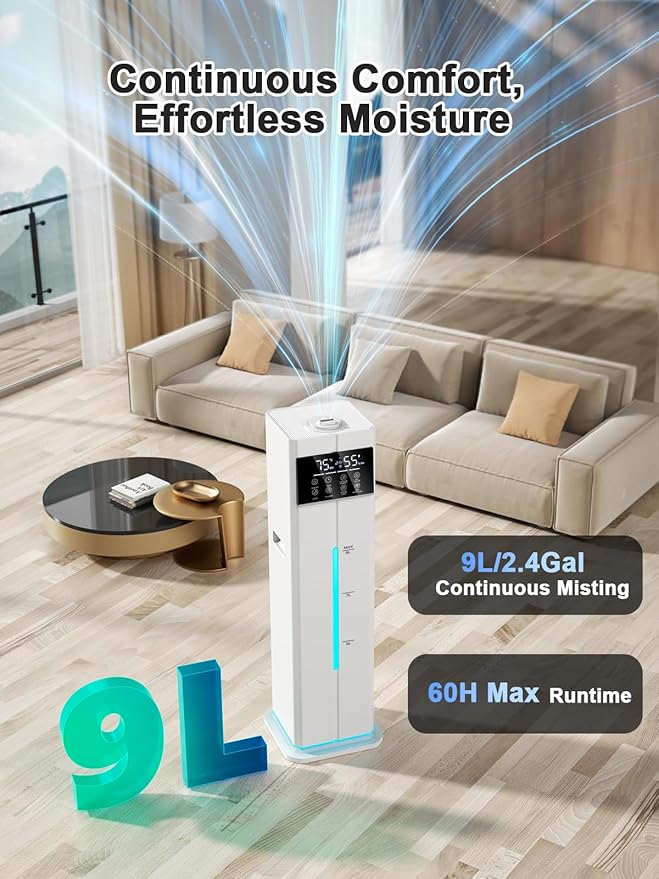 9L/2.4Gal Smart Cool Mist Humidifier, Top Fill Quiet Humidifier Large Room, Covers 550ft², App & Remote Control, 60H Runtime, 7 Colors Light, 4 Mist Modes Humidifiers for Bedroom, Office, White - Image 3