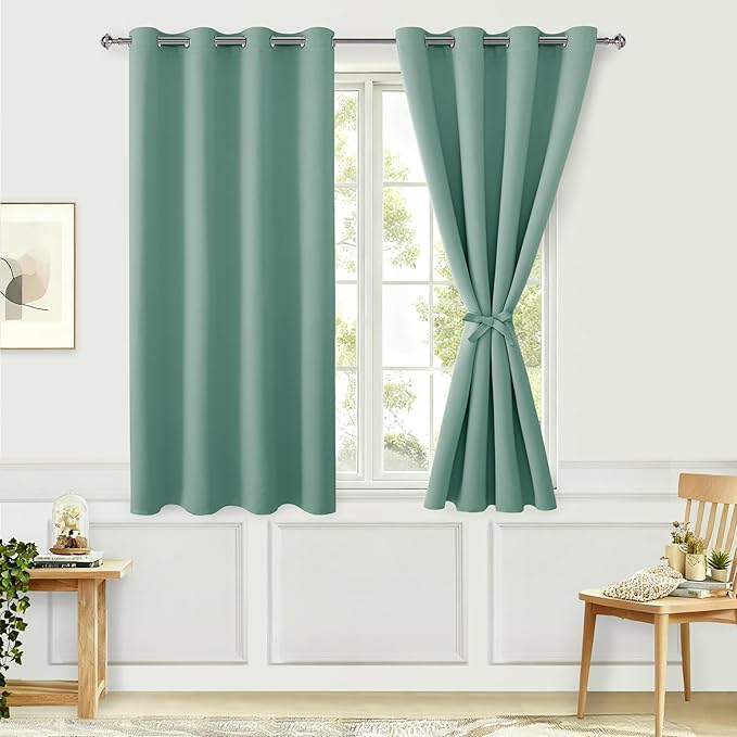 Hiasan Blackout Curtains for Bedroom, 52 x 54 Inches Long - Thermal Insulated & Light Blocking Window Curtains for Living Room, 2 Drape Panels Sewn with Tiebacks, Sage Green - Image 2