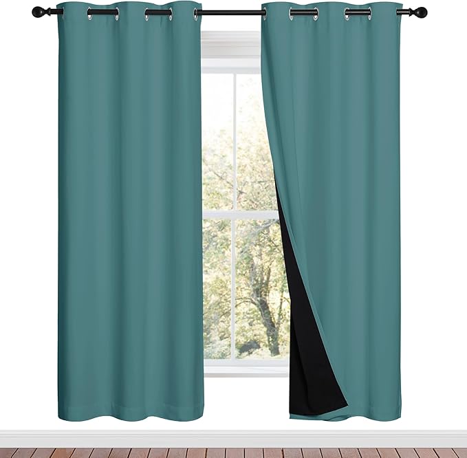 NICETOWN 100% Blackout Window Curtain Panels, Sea Teal, 2 Pieces, 42-inch Wide Per Panel, Full Light Blocking Drapes with Black Liner for Nursery, 72-inch Drop Thermal Insulated Draperies by NICETOWN