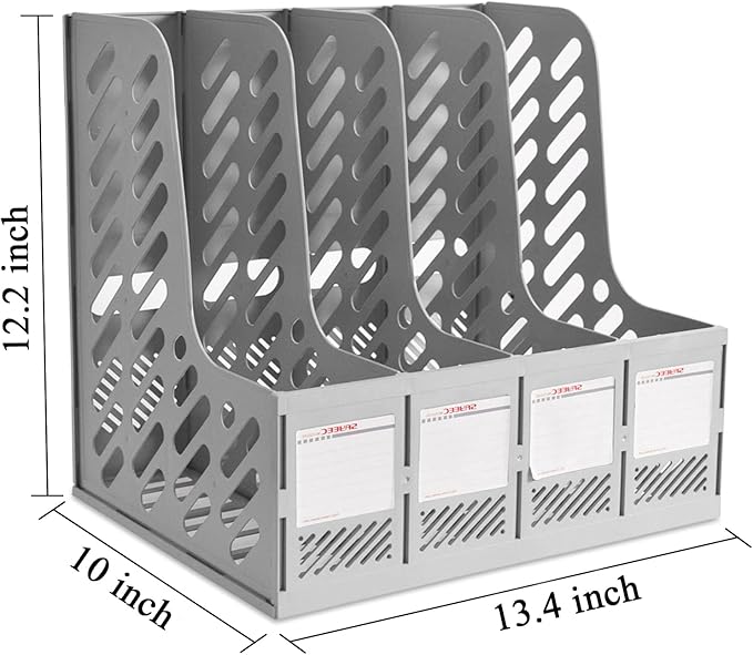 SAYEEC Magazine File Holder, Plastic Desktop File Folder Organizer with 4 Large Compartments, Vertical Desk Binder Organizer Office Organization and Storage File Holder for Desk, School, Home (Grey) - Image 2