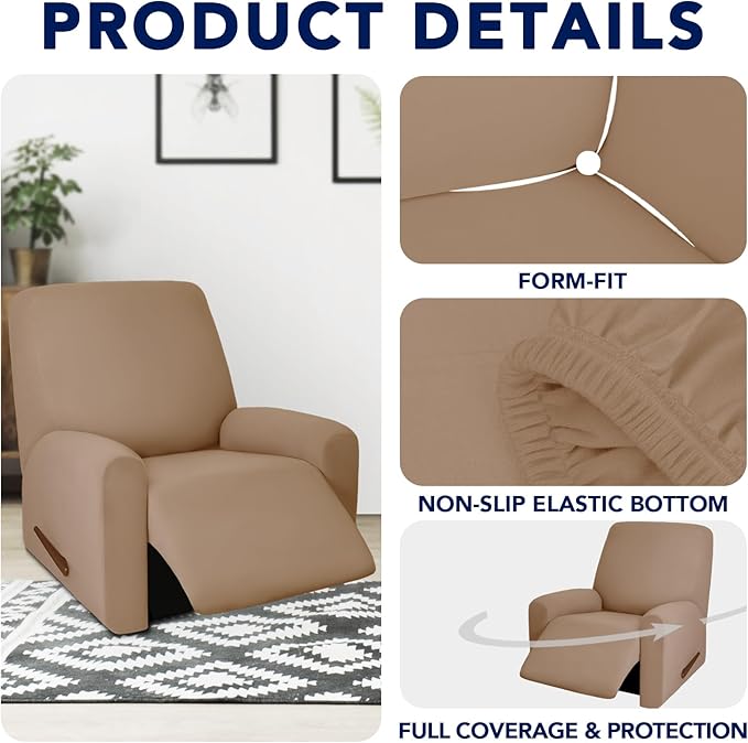 PureFit 100% Dual Waterproof Recliner Cover, Waterproof Couch Cover for Recliner - Stretch Non Slip Fleece Sofa Covers Washable, Leakproof Furniture Protector for Kids, Pets, Dog (Recliner, Camel) - Image 4