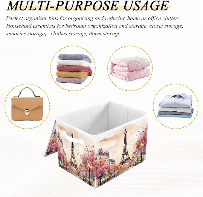 xigua Watercolor Paris Storage Bins with Lids and Carrying Handle,Foldable Storage Boxes Organizer Containers Baskets Cube with Cover for Home Bedroom Closet Office - Image 7